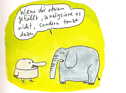 Cartoon von Tex Rubinowitz, Mann und Elefant mit Sprechblase